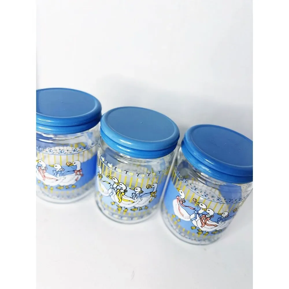 Vintage La Parfait France Winter Snow‎ Geese Small Glass Jars With Lids X 3
